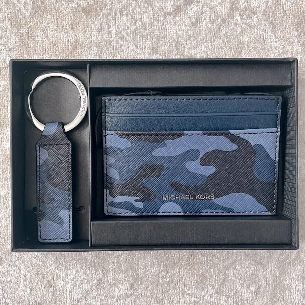 Brand New Michael Kors Admiral Blue Camo Card Holder Case & Key Fob Ring Set